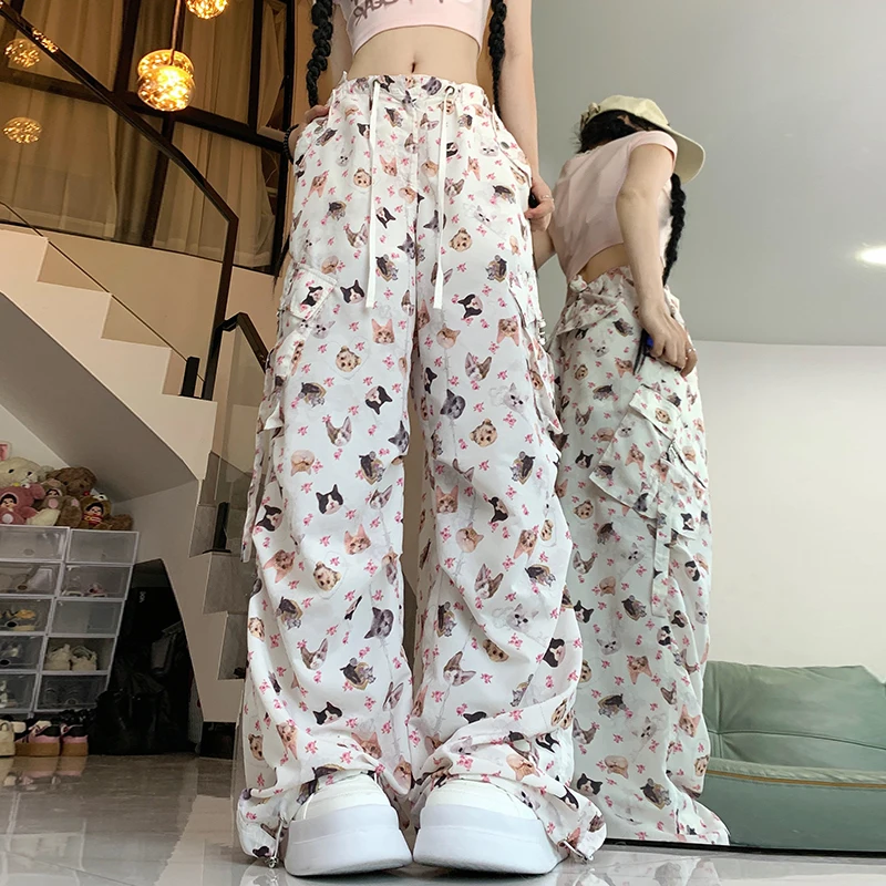 American Vintage Elastic Waist Drawstring Cargo Pants Women Summer New Graffiti Cute Multi-pocket Versatile Pants Female