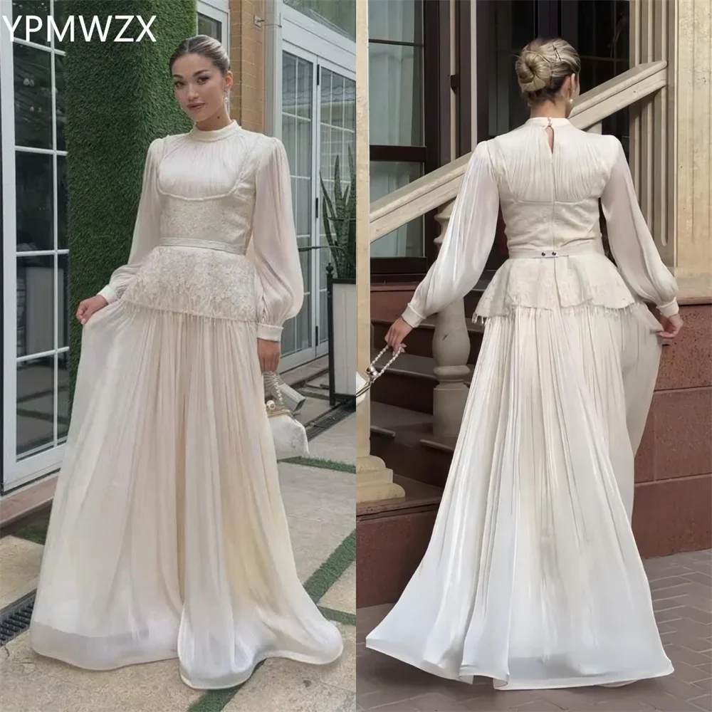 YPMWZX-Robe de Soirée Personnalisée pour Femme, Jupe Trapèze à Col Haut, Longueur au Sol, Drapée, en Tulle, sur Mesure