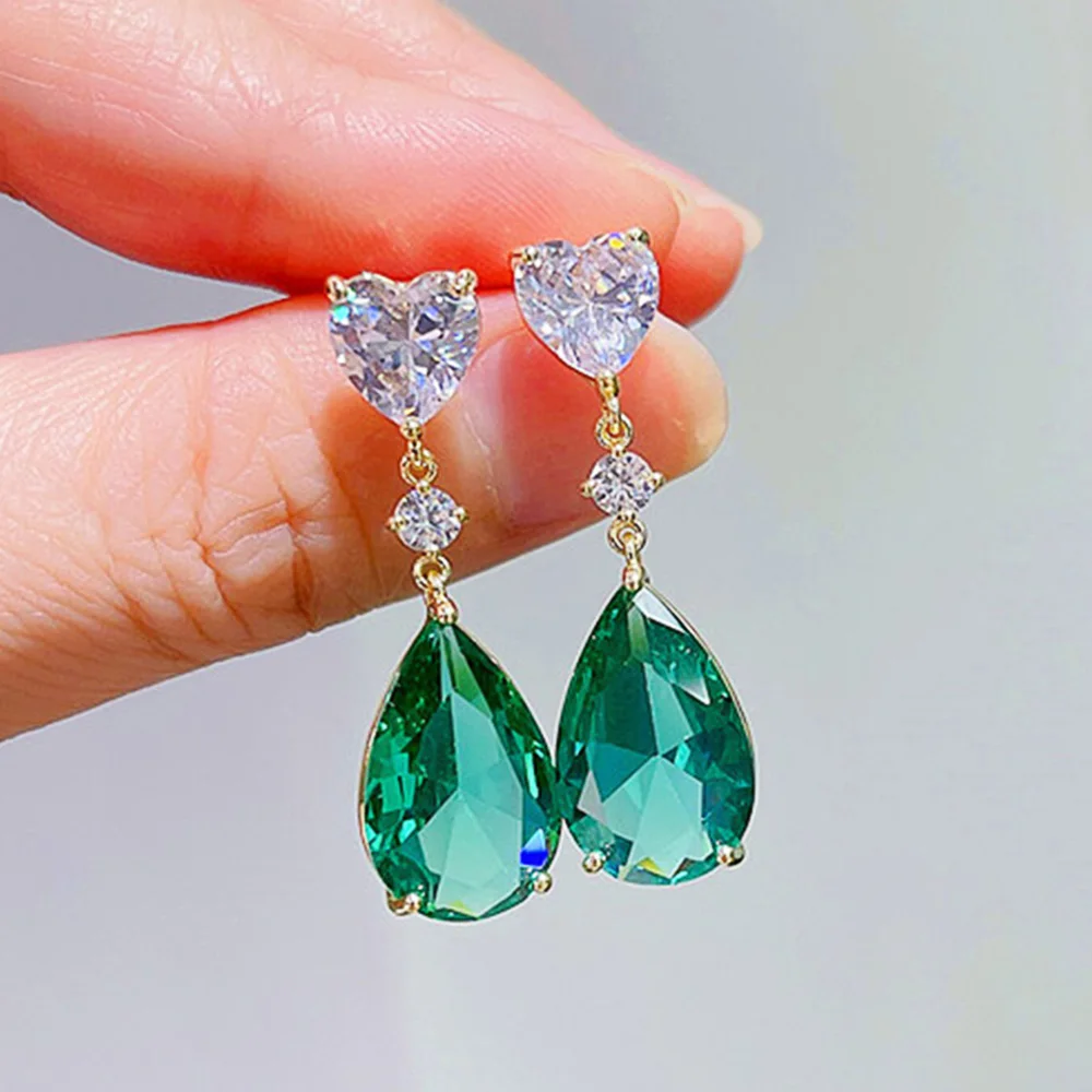Huitan Aesthetic Green/Blue Cubic Zirconia Dangle Earrings for Women Silver Color/Gold Color Wedding Trend Eternity Love Jewelry