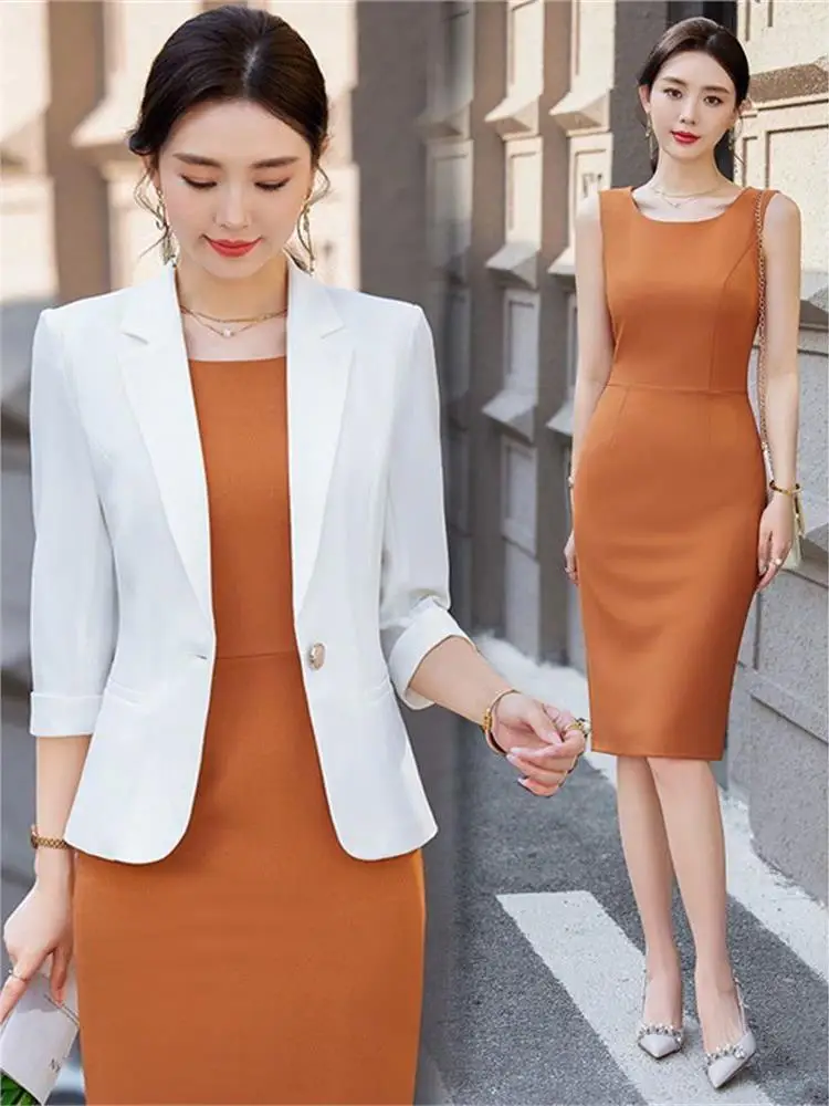 

White Suit Jacket Women's Spring Summer Thin Style Career Set Dress Skirt Two Piece Set Short Length Seven Sleeve Female