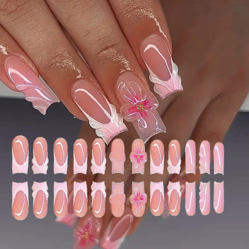 24 stks/set handgemaakte vierkante bloem nepnagels zoete schattige bloemen 3d rimpel ontwerp afneembare jelly sticker roze draagbare nageltip