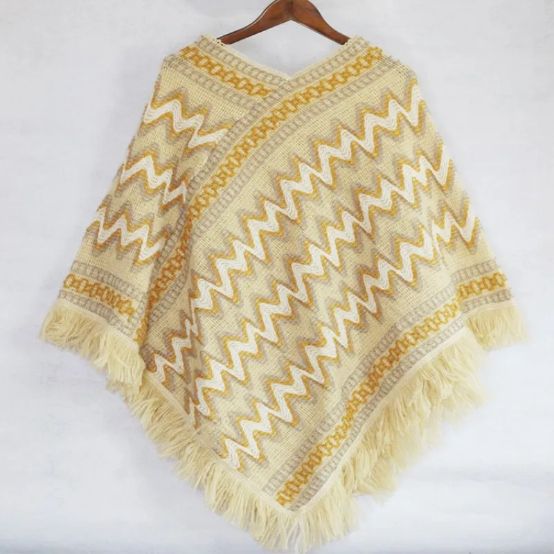 

Poncho Cloak Knitted Cape Tassel Women Autumn and Winter Leisure Ethnic Tourism and Shopping Coat Lady Warm Beige