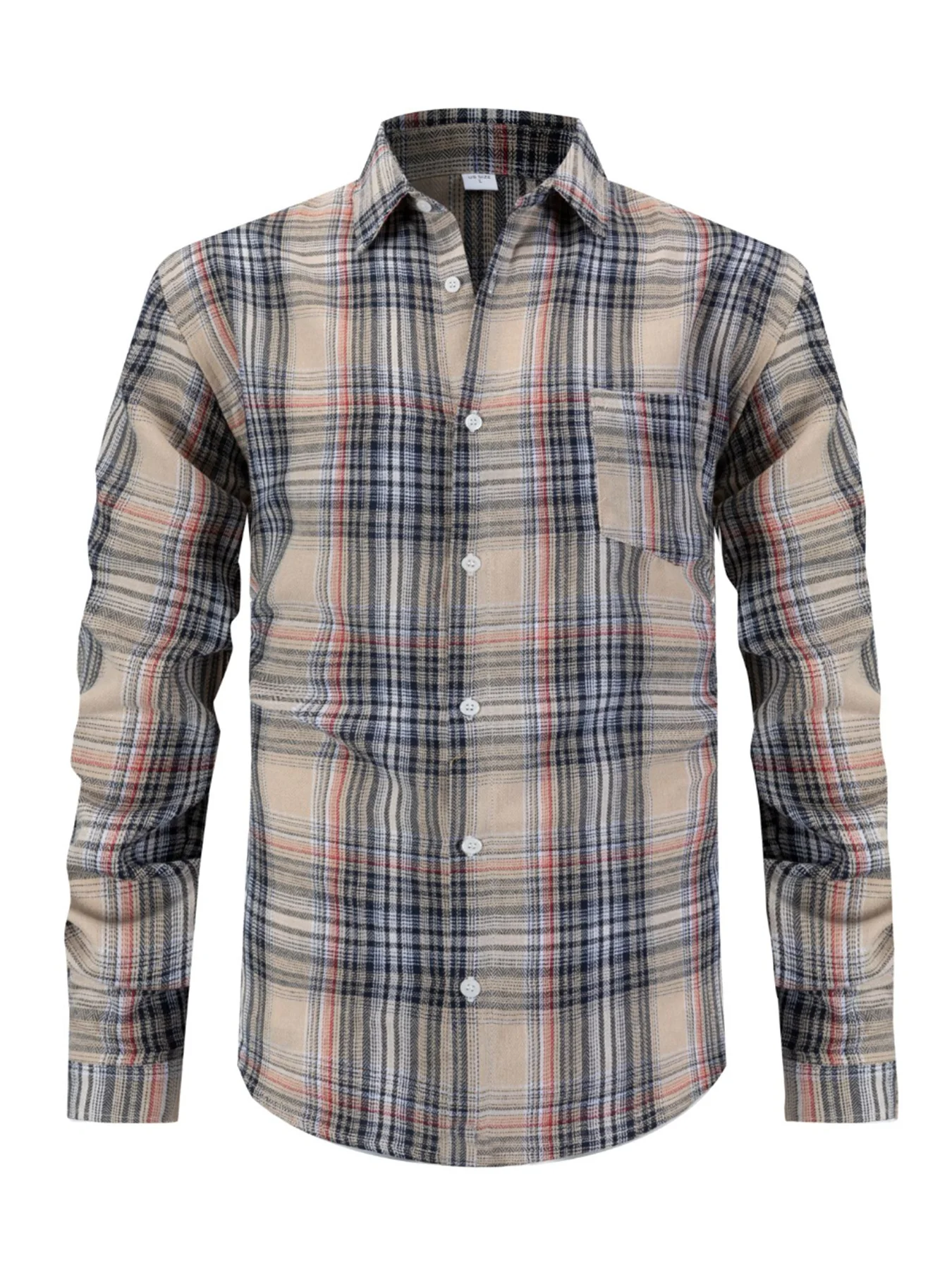 Men's Vintage Light Khaki Mixed Plaid Long Sleeve Shirt, Loose Straight Fit Button Down With Chest Pocket, Wear Alone Or Layer F