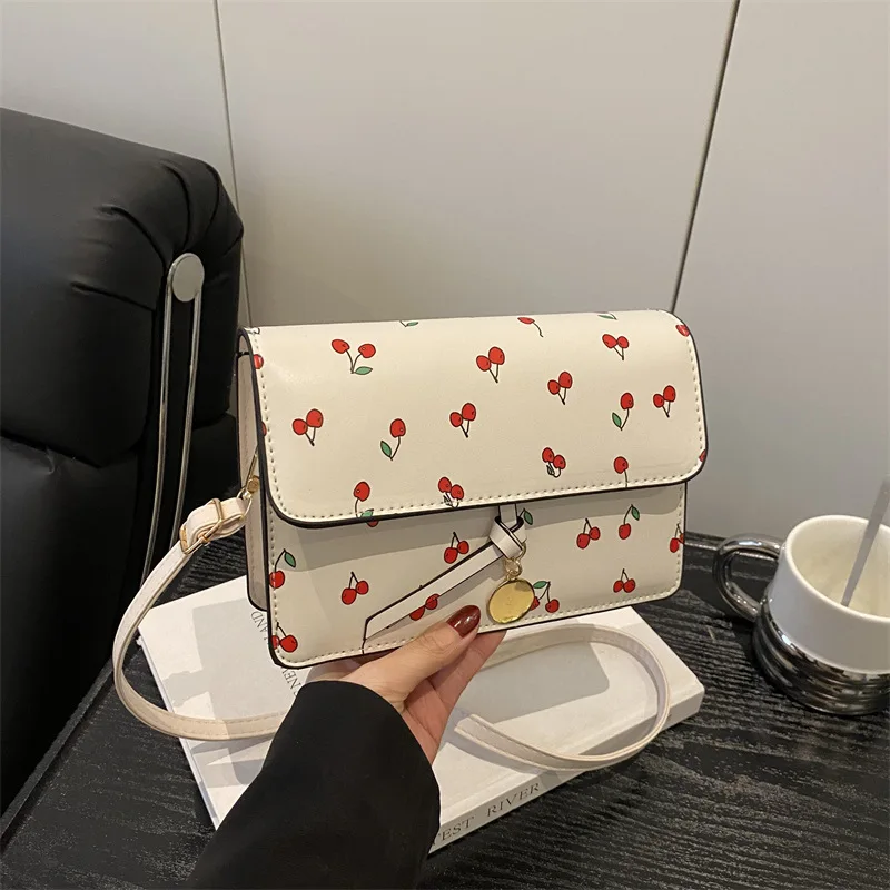 

​​2025 Summer Cherry Print Square Bag Trendy Womens Crossbody Shoulder Purse Cute Floral Tote Fashionable Small Handbag