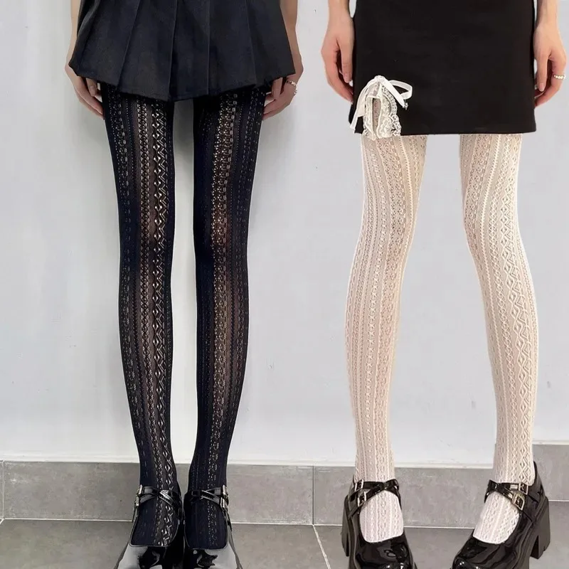 Hollow Lace Stockings Cream White Stripe High Elastic Pleated Women Spring Summer Lolita Silk Long Socks JK Leggings Tights