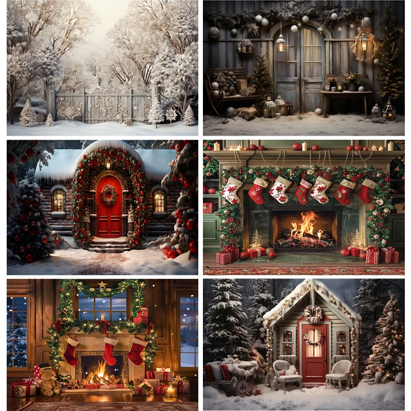 

Christmas Day Photography Backdrops Prop Fireplace Window Winter Xmas Tree Decoration Flower Garland Wood Door Background JU-08