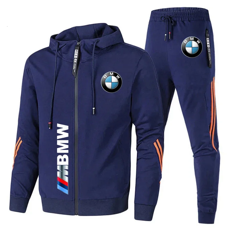 Conjunto deportivo con estampado de logotipo de BMW para hombre, camisa deportiva informal de gran tamaño con capucha y pantalones, dos piezas, 2024