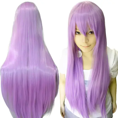 Synthetic Hair Purple Straight Long Wig Anime Cosplay Sumire Kakei Halloween Costume Hair Patchouli Knowledge Wigs with Bangs