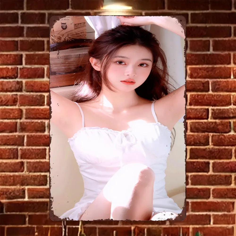 HD Tin Sign Vintage Asian Girl in White Ruffled Cami Dress Metal Wall Art Retro Decor for Home Bar Cafe