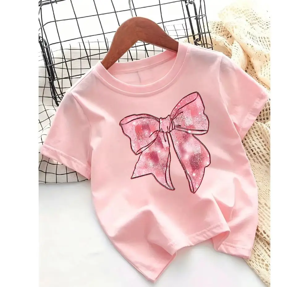 Children's Round Neck T-shirt Comfortable Soft Skin Friendly Fashionable and Casual Summer New Style Simple Bow Print Top