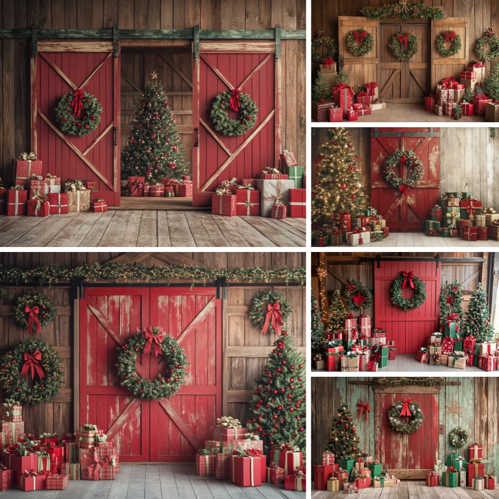 

Photography Background Garland Winter Christmas Red Barn Door Xmas Tree Kid Family Holiday Portrait Decor Backdrop Photo Studio