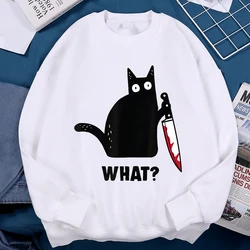 What Black Knife Cat Hoodie Men New Streetwear Harajuku Crewneck Hoodie Casual Fashion Sweatshirt Loose Fleece Warm Sportswear