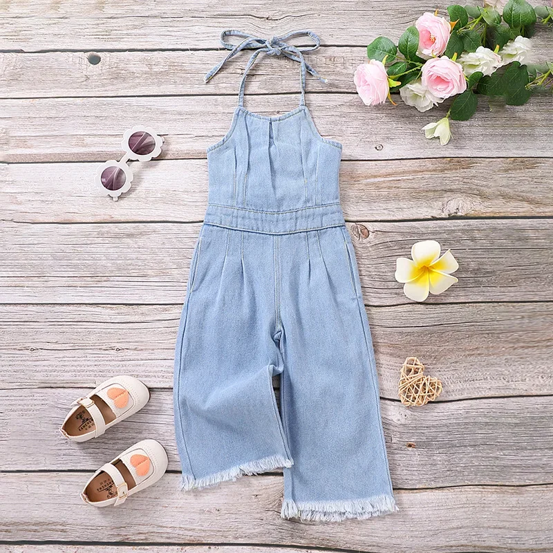 

1-6Y Kids Girls Denim Jumpsuits Baby Summer Clothing Sleeveless Halter Backless Bandage Romper Jumpsuit Children Overalls