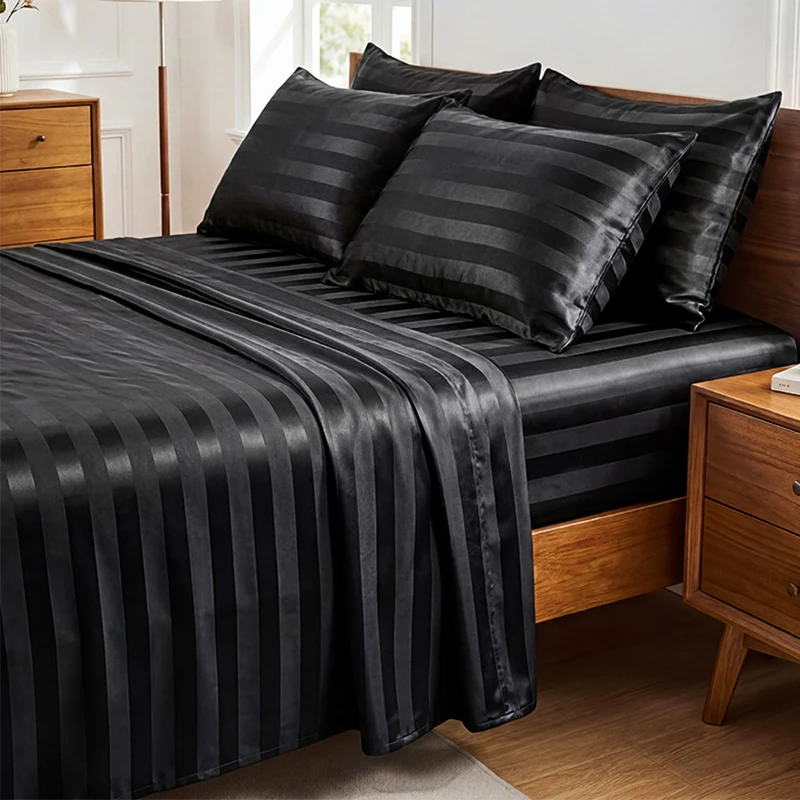Wrinkle Free Satin Bed Sheet Set, Jacquard Striped Silky Flat Sheet & Pillowcase, Cooling Soft Bed Linens with Multiple Color