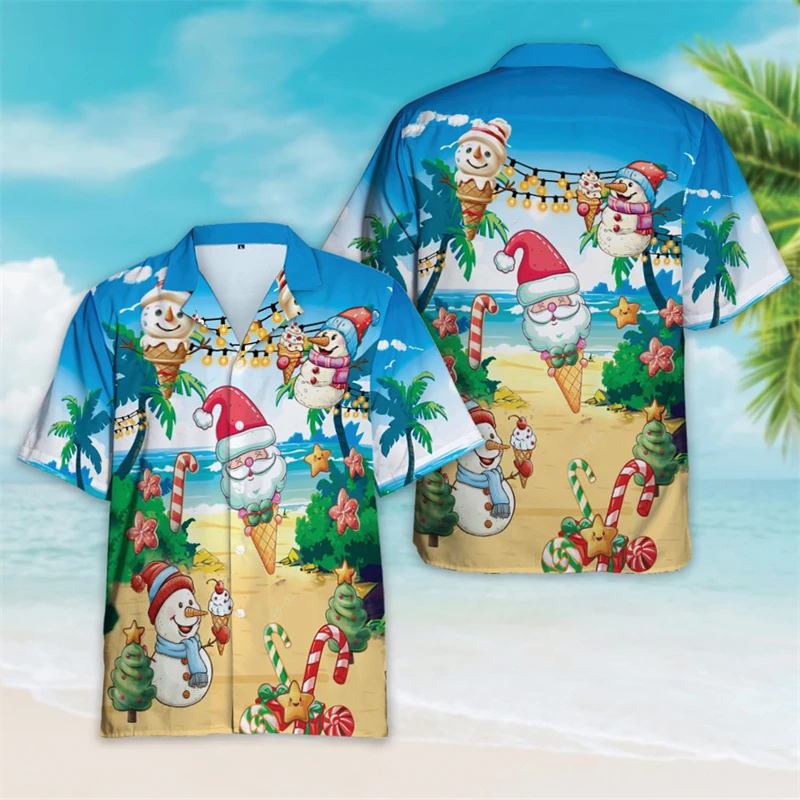 Camisa gráfica do Natal em julho dos homens, roupa havaiana, camisa de praia feliz Natal, desenho animado Papai Noel manga curta tops, presente do menino