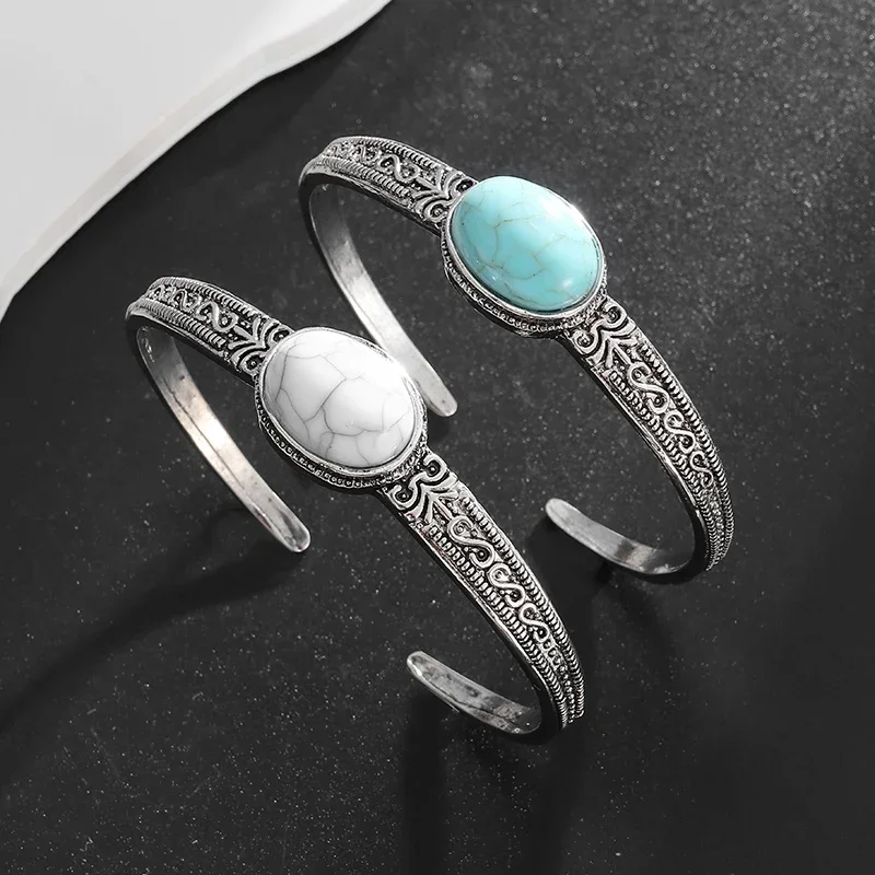 Vintage Blue Amber Stone Open Adjustable Bracelet for Men Women Fashion Cuff Bracelet Casual Jewelry Gift
