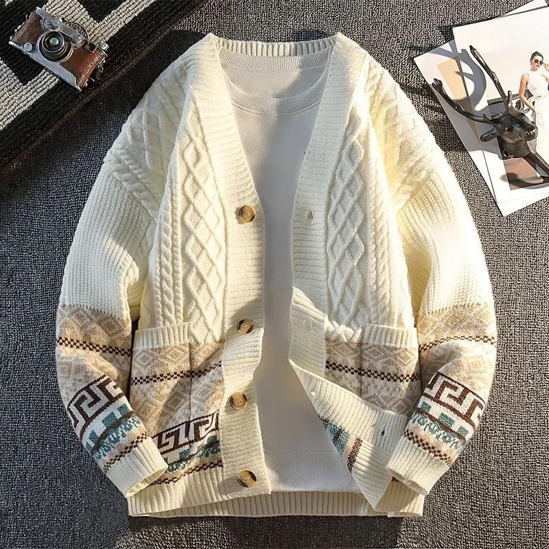 

Мужской вязаный кардиган American Sle с вышивкой, свободный повседневный свитер из хлопка с V-образным вырезом и длинными рукавами