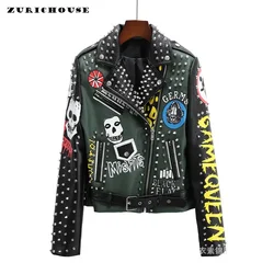 Punk Studded Cropped Leather Jacket for Women 2024 Trend Streetwear Patchwork Graffiti Print Faux Leather Motorcycle Jackets