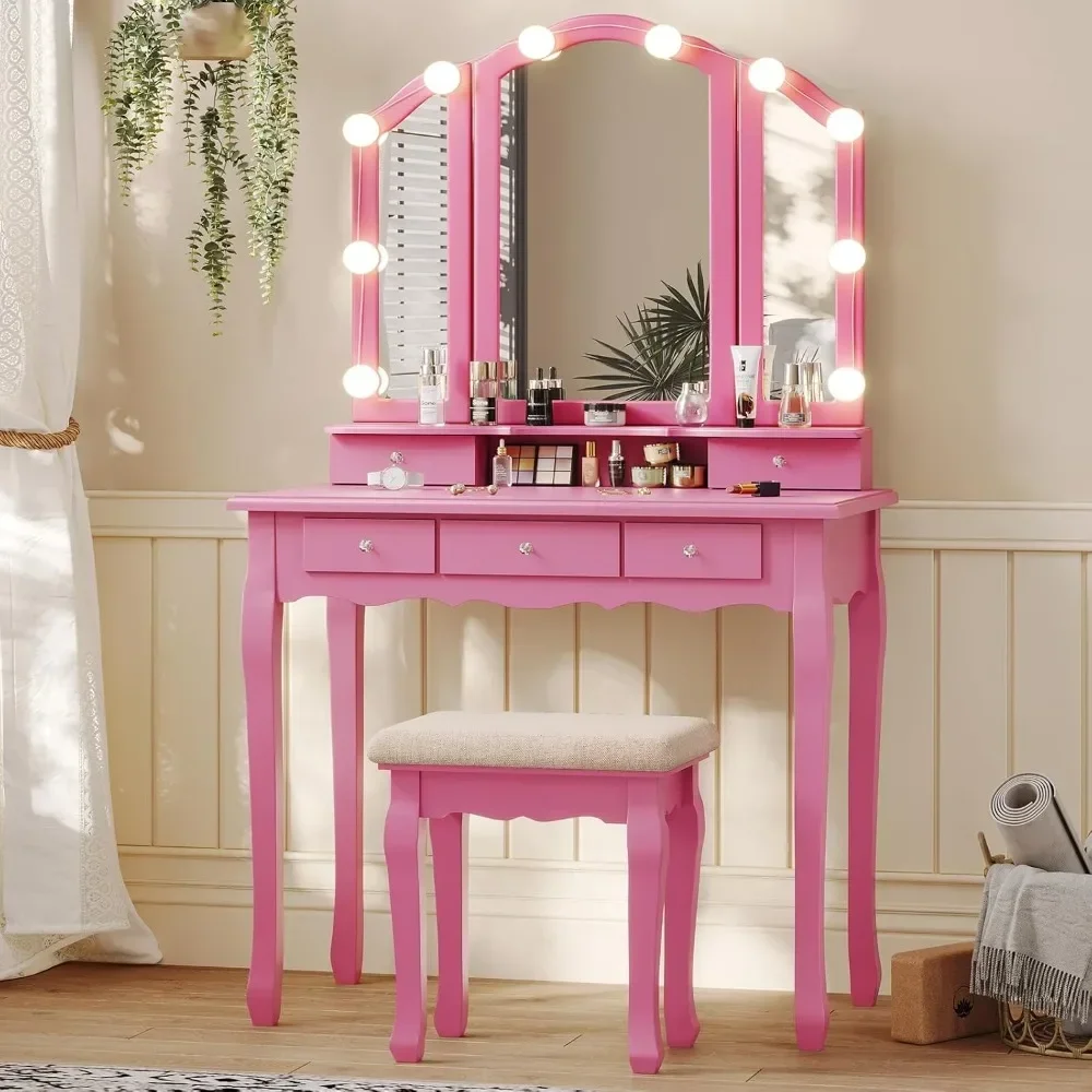 

Vanity Desk with Tri-Fold Mirror and Lights, Makeup Vanity with Wood Upholstered Stool, Vanity Table