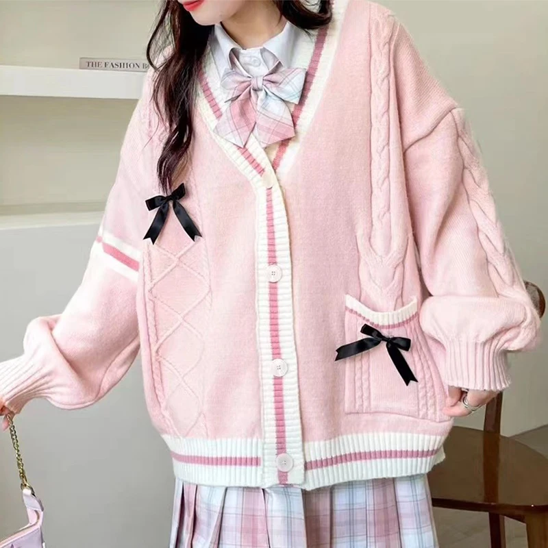 Koreanische Rippen V-ausschnitt Strickjacke Frau Frühling Herbst Adrette Einreiher Pullover für Frauen Mix Farbe Bowknit Mantel Mujer