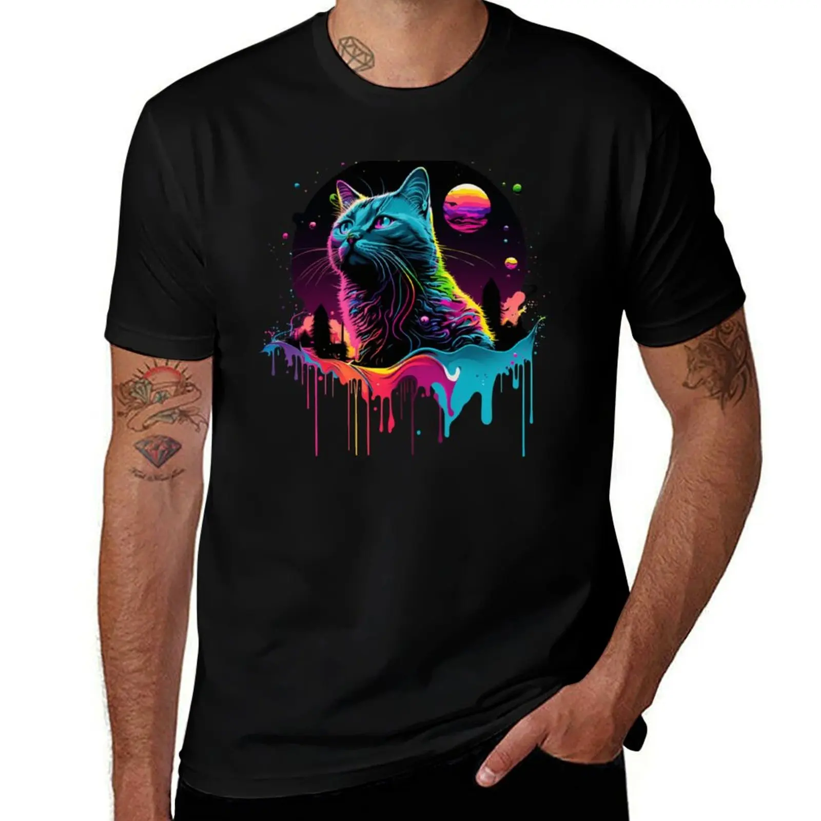 

Stylish cat on the moon with paint traces T- Shirt T-Shirt street wear summer clothes Anime t-shirt men clothings