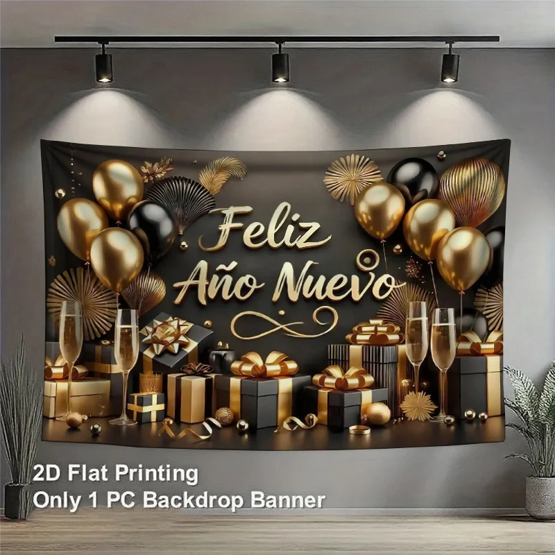 2D-flaches, elegantes spanisches Neujahrsparty-Banner – schwarze und goldene Luftballons und Konfetti-Design, geeignet für Partydekoration