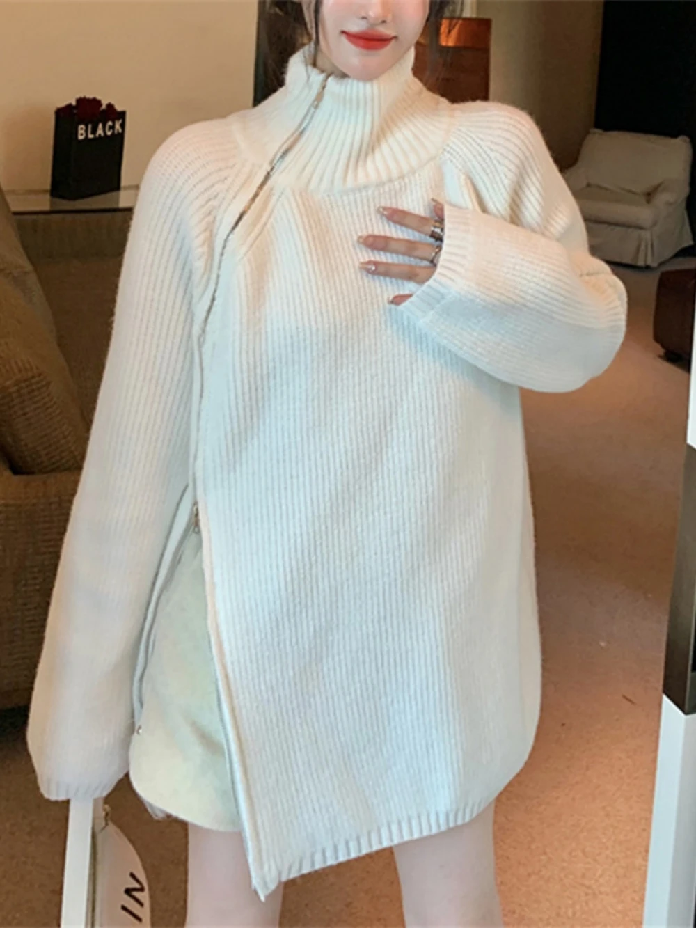 

New Fashion Women's Sweater Long Sleeve High Neck Side Zipper Loose Fall Comfort Solid Color Ladies Mid-Length Top
