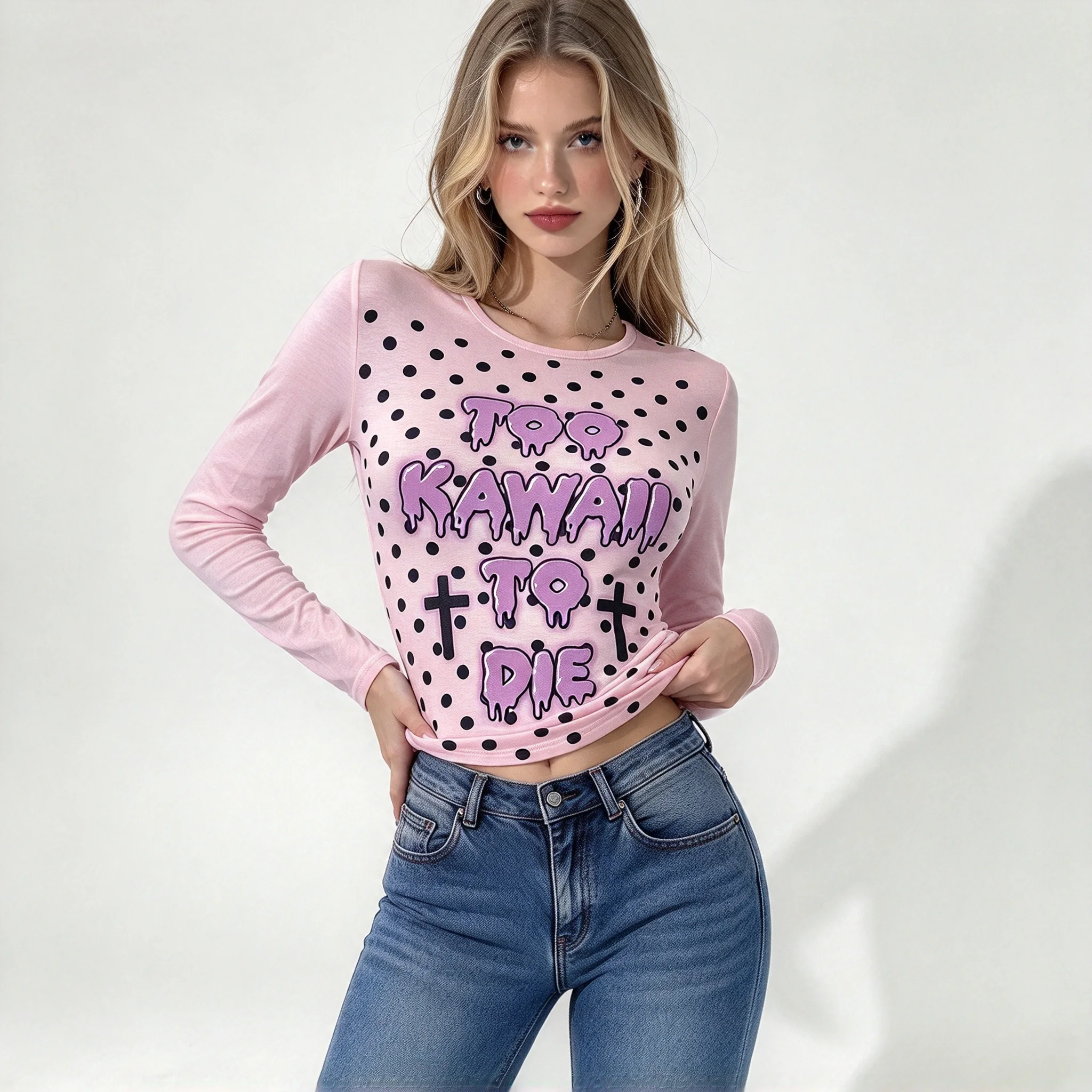 2026 New Sexy Fashion Aesthetic Fairy Pattern Printed Round-neck Long-sleeved Warm and Loose Women's T-Shirt Top