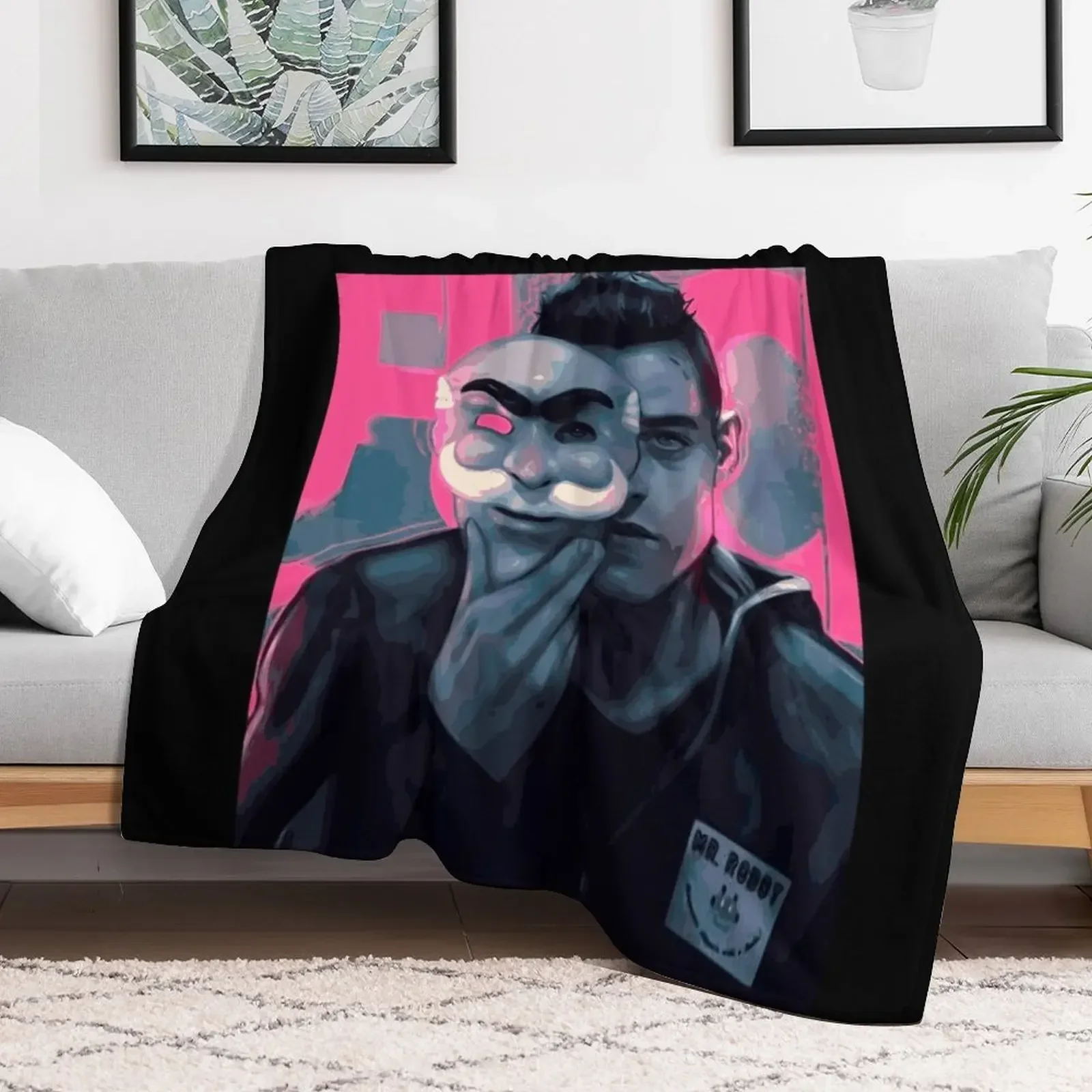 

Mr. Robot and His Mask - Rami Malek Fanart Throw Blanket Large Comforter Nap Blankets
