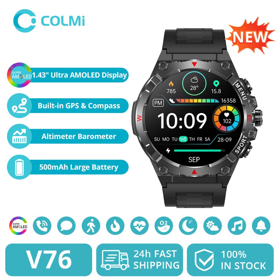 2025 COLMI V76 GPS Smart Watch 1.43" Ultra AMOLED Display Built-in GPS & Compass Altimeter Barometer Smartwatch 500mAh Battery
