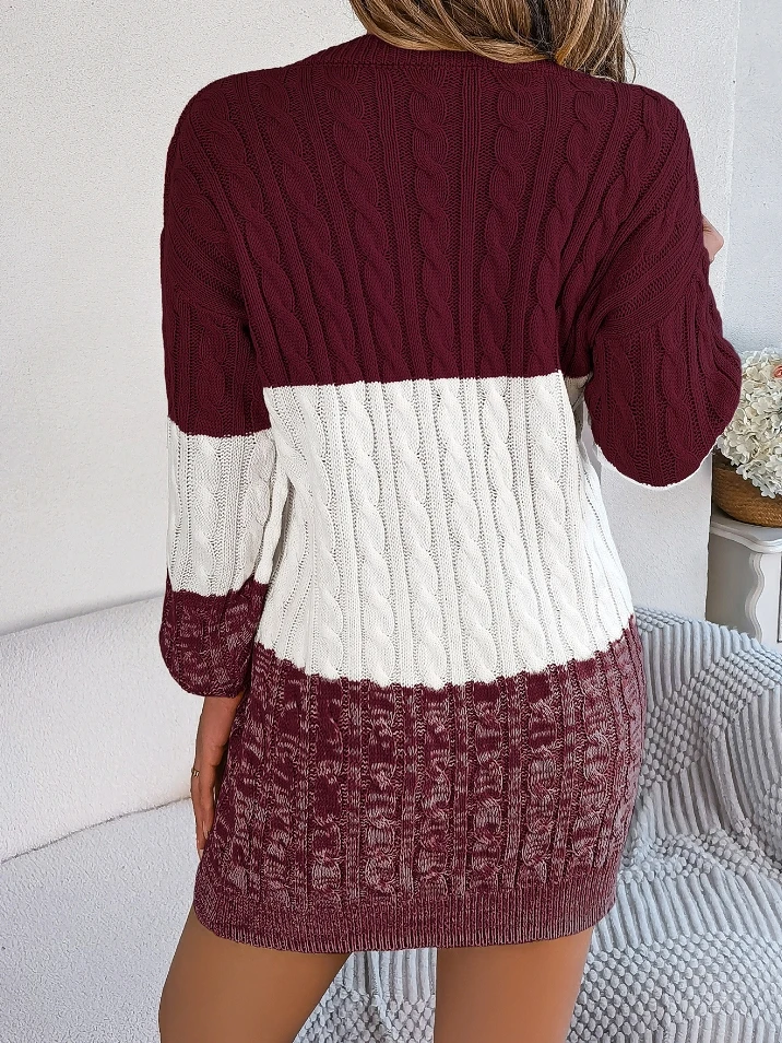 Fashionable Autumn Dress Casual Color Matching Fried Dough Twists Lantern Sleeve Wool Dress Elegant Dress for Women