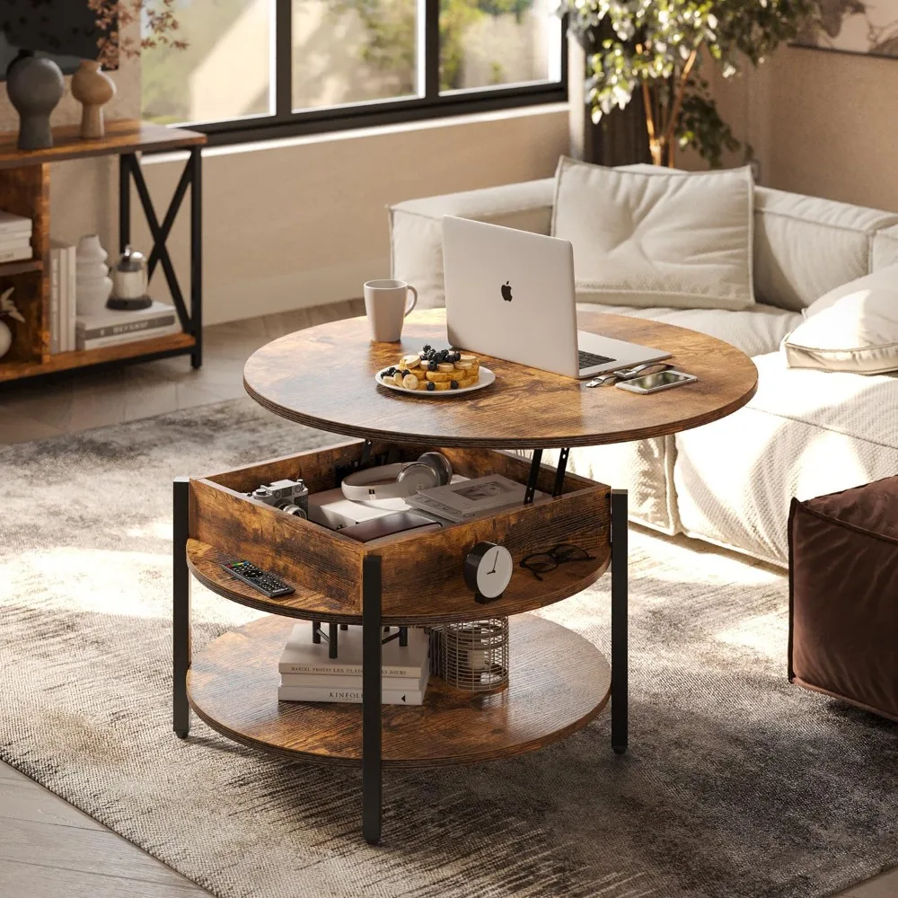 Round Lift Coffee Table with Storage, Hidden Compartment, 26.77