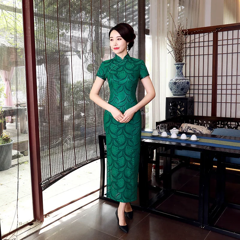 Summer New Improved Cheongsam Long Dress Large Size Mom's Clothing Slim Retro Costume Lace Women's