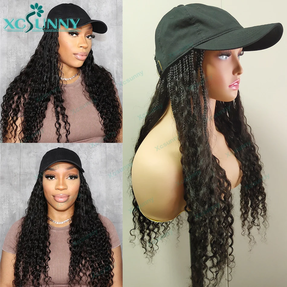 z kręconymi włosami Boho Box Braids Baseball Cap Hat Wig Bohemian with Human Hair Curly Ends Braided Hair Extensions Cap Wig Braid