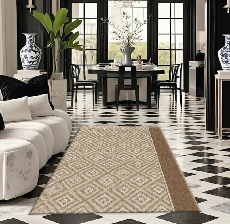 Beige Geometric Diamond Pattern Carpet Floor Mat Simple Linen Plaid Seamless Printed Square Carpet Suitable for Bedroom Decoration