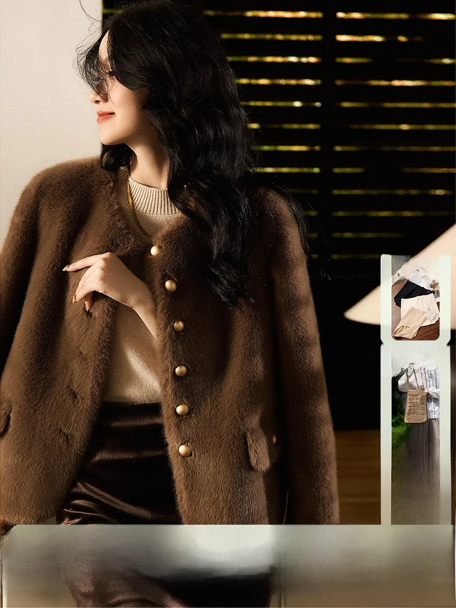 

Xhange Luxury ort Fur Coat Women's Autumn Winter Warm Comfortable Healing Sle Environmental Protection Leather Coat