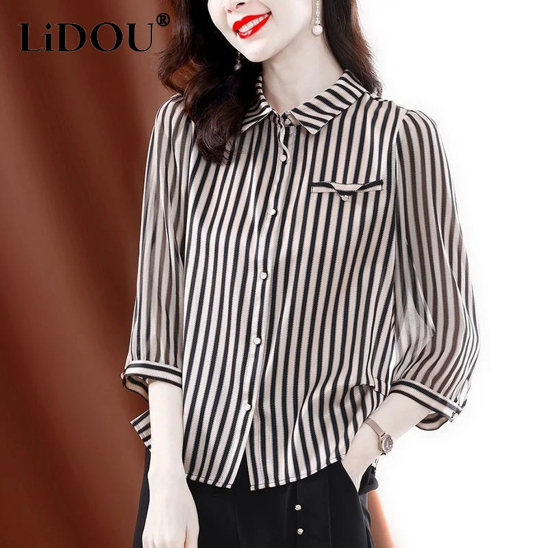 

Spring Summer New POLO Collar Nine Quarter Single Breasted Elegant Shirt Women Fashion Temperament All-match Striped Cardigan