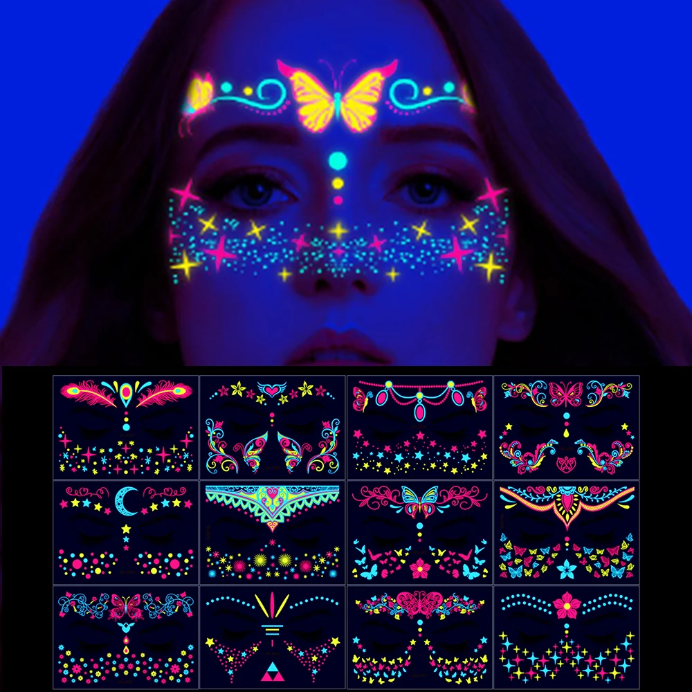 1/4/8Pcs Fluorescent Halloween Face Tattoo Sticker 15.5*12cm Butterfly/Feather Design Nail Wraps Makeup Waterproof Neon Decals