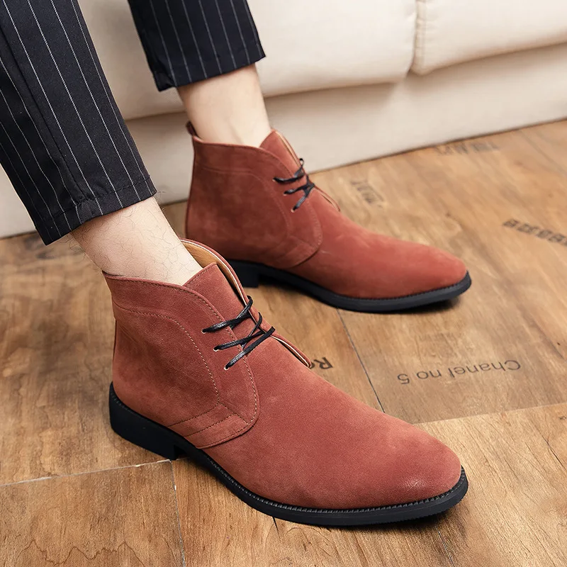 British Style Elegant Brown Chelsea Boots Men Lace-up Pointed Dress Boots For Man Comfortable Suede Men\'s High Top Leather Shoes