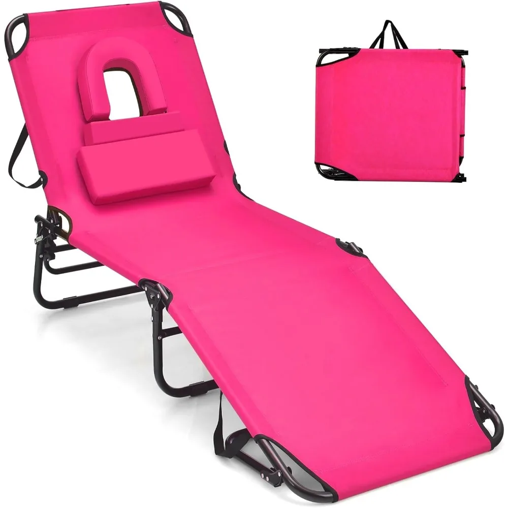 

Tanning Chair, 350lbs Beach Lounge Chair with Face Hole, Washable Pillow & Carry Strap, Adjustable Folding Chaise Lounge, Layou