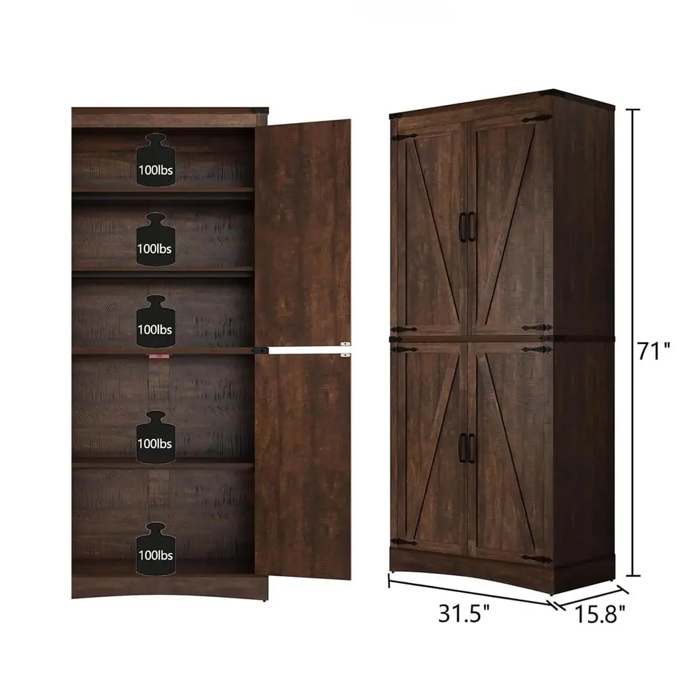 

71in Farmhouse Kitchen Pantry Cabinet,Tall Storage Cabinet with 4 Doors and Adjustable shelves,with LoadBearing Steel Pipe,Wood
