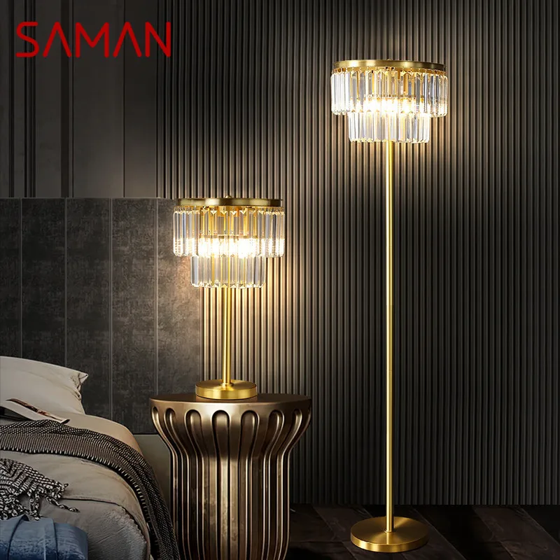 

SAMAN Nordic Brass Floor Lamp Modern Luxurious Crystal Bedroom Living Room Beside The Sofa LED Standing Light