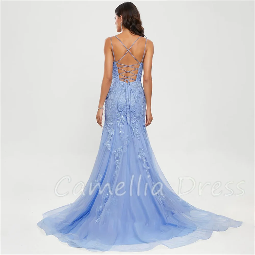 Robe de soirée sirène à col en V avec paillettes, robes formelles en dentelle et tulle, robes de soirée à balayage train, nouvelle collection éducative