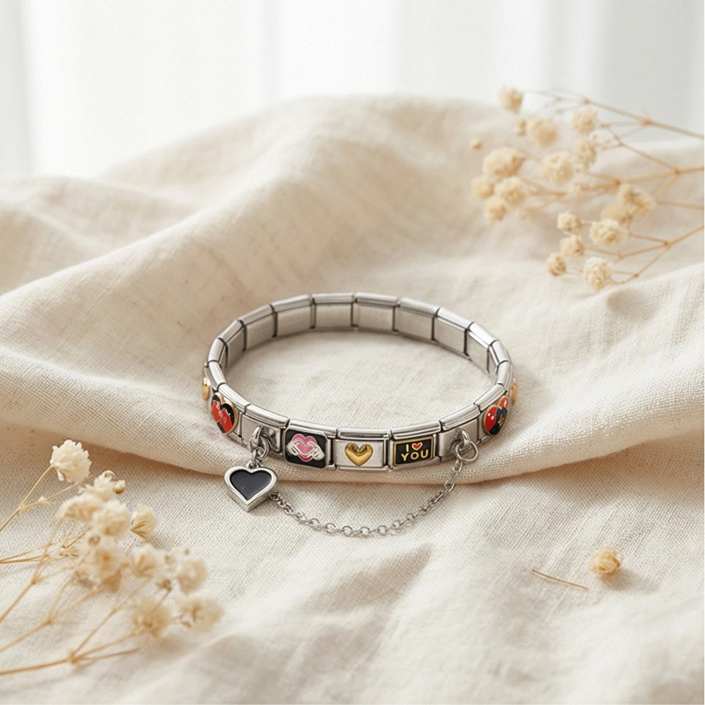 Klassisches Herz-Paar-Gesten-Werkzeug-Kombinationsset 9mm Italienisches Armband mit Gliedern DIY Edelstahl Charm Schmuck 18-teiliges Set – Detail 2