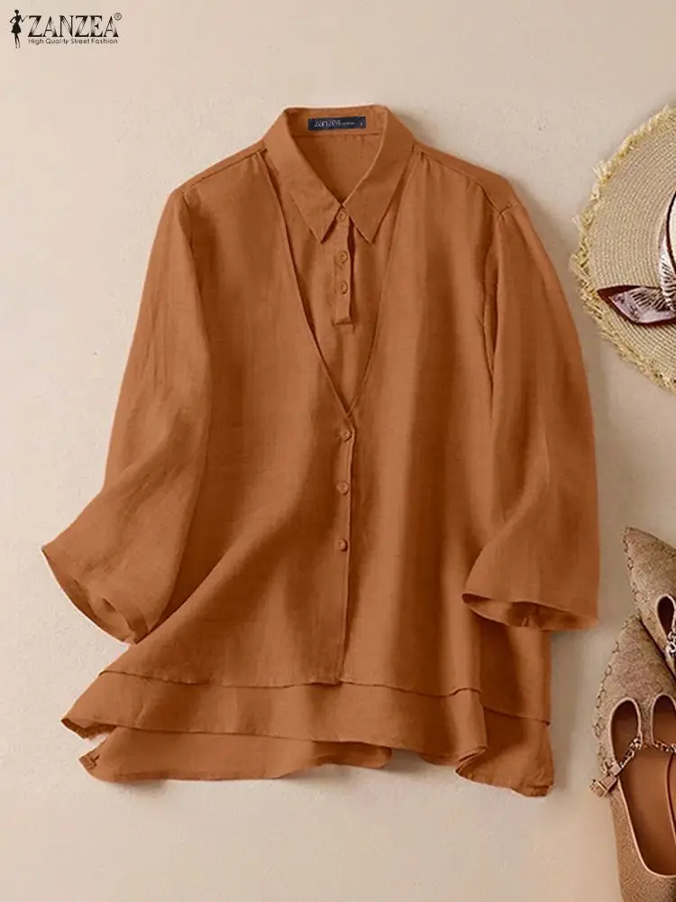 

ZANZEA, женские рубашки, модные однотонные блузки с рукавами 3/4, осенние блузки с лацканами и пуговицами, искусственные топы из 2 предметов, туника, винтажные блузки 2025 г.