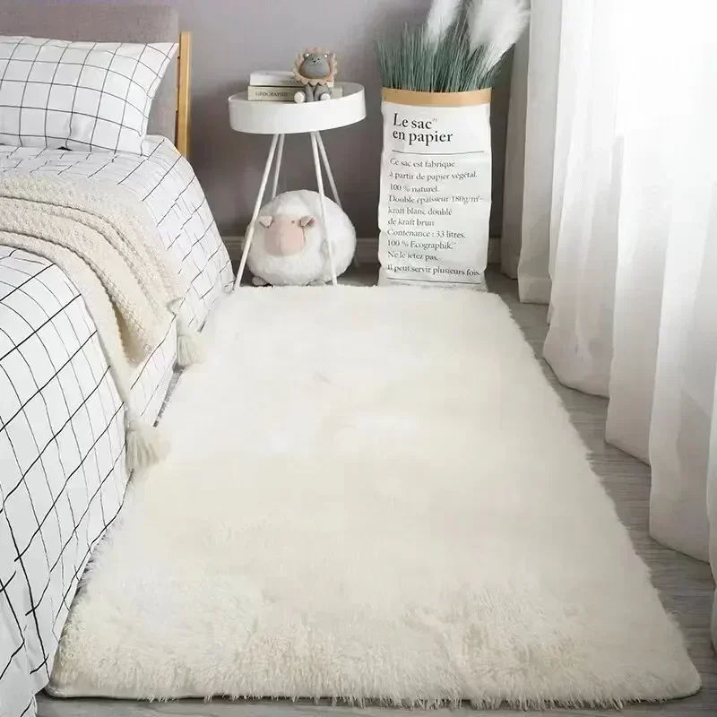 Alfombra esponjosa de piel de oveja blanca y crema, alfombras de lana de seda para decoración de dormitorio y sala de estar, alfombra de suelo para dormitorio, alfombras de piel