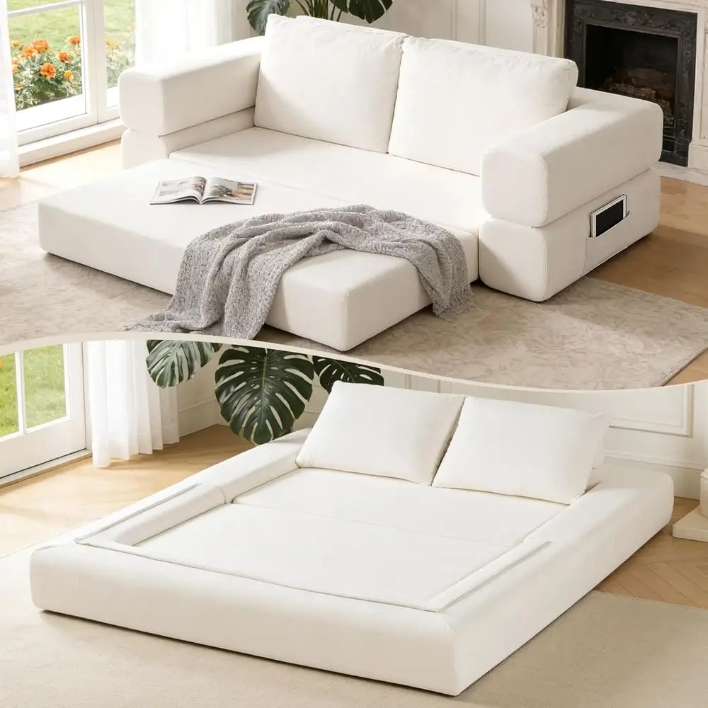 

74 Convertible Sofa Bed with Reversible Chaise, Oversized Corduroy & Linen Upholstered, Loveseat with Throw Pillows for Living R