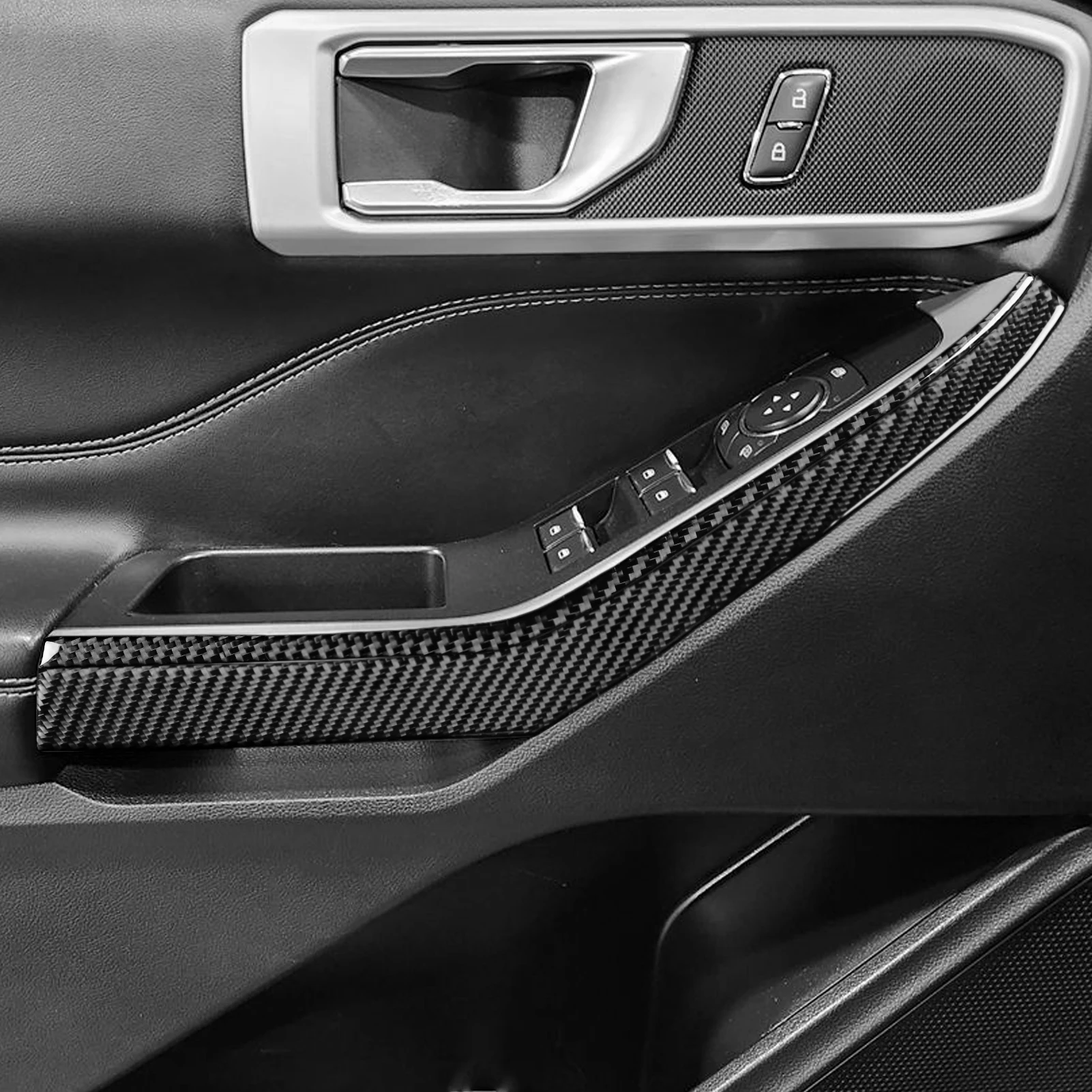 لفورد اكسبلورر 2020-2023 ألياف الكربون نافذة رفع التبديل الجانب لوحة غطاء الكسوة اكسسوارات السيارات الداخلية لاصقة تزيين #3