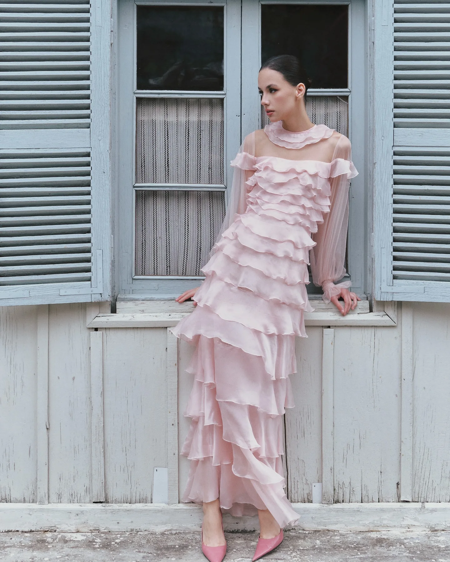 Pink Layered Ruffle Maxi Dress – High Neck, Sheer Chiffon Lace & Lantern Sleeve Flattering, Casual Lazy Style, Retro Versatile