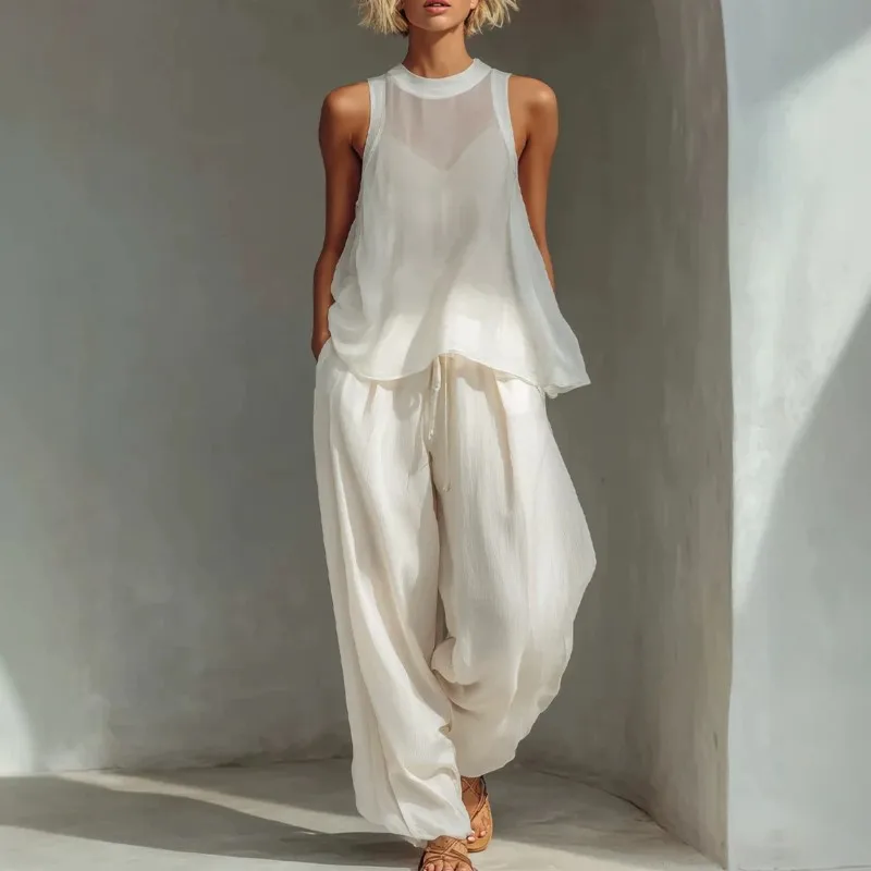 

2026 New Summer Women's Long Pants Set Solid Color Sleeveless Casual Loose Elegant Temperament Breathable Unique Long Pants Set